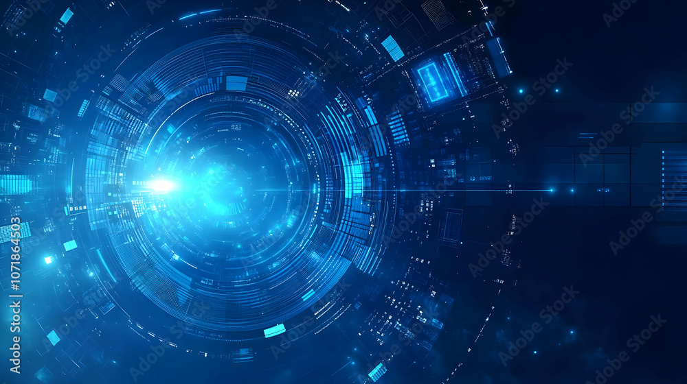 Abstract 3D Digital Circle Background with Glowing Blue Lines and Digital Data Abstract 3D Digital Circle Background with Glowing Blue Lines and Digital Data