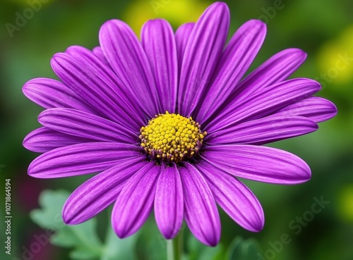 Close-up shot of a vibrant purple daisy with a yellow center.