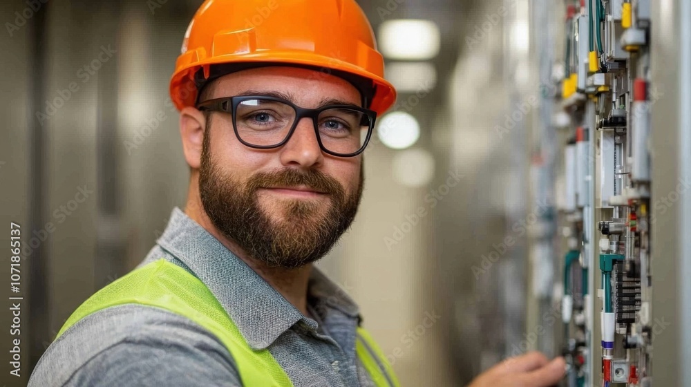 Bearded construction worker wearing hard hat and safety glasses inspecting machinery and tools in an industrial factory or warehouse setting Bearded construction worker wearing hard hat and safety glasses inspecting machinery and tools in an industrial factory or warehouse setting