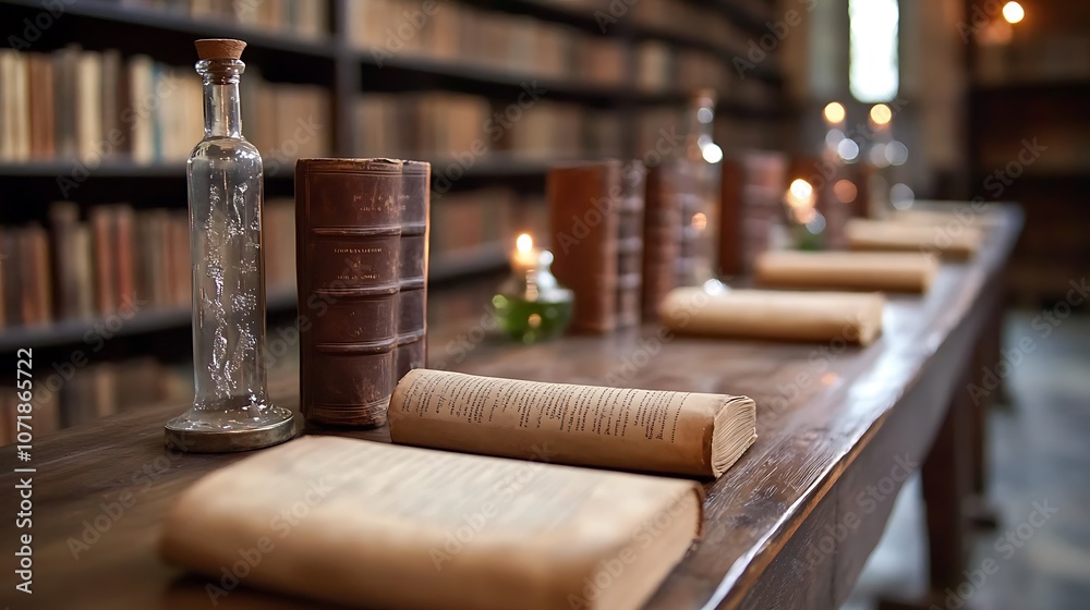 A long wooden table in a library with antique books, bottles, and candles. A long wooden table in a library with antique books, bottles, and candles.