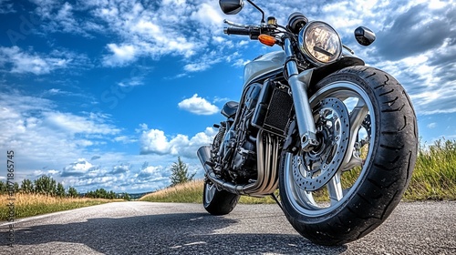 A silver motorcycle parked on a paved road with a blue sky and white clouds in the background.