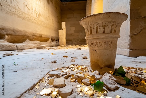 A large stone vase sits on a floor covered in golden flakes and broken stone in a room with ancient hieroglyphs on the walls. photo