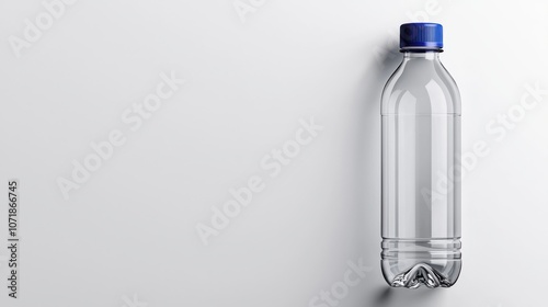 Eco-friendly reusable plastic water bottle with blue cap, set on a white background, perfect for promoting hydration and practicality for travel and fitness.