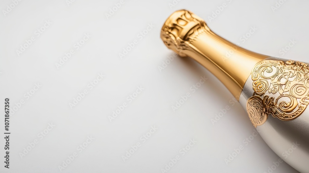 Close-up of a gold champagne bottle with intricate design, set against a clean white background, exuding elegance and sophistication for special occasions. Close-up of a gold champagne bottle with intricate design, set against a clean white background, exuding elegance and sophistication for special occasions.
