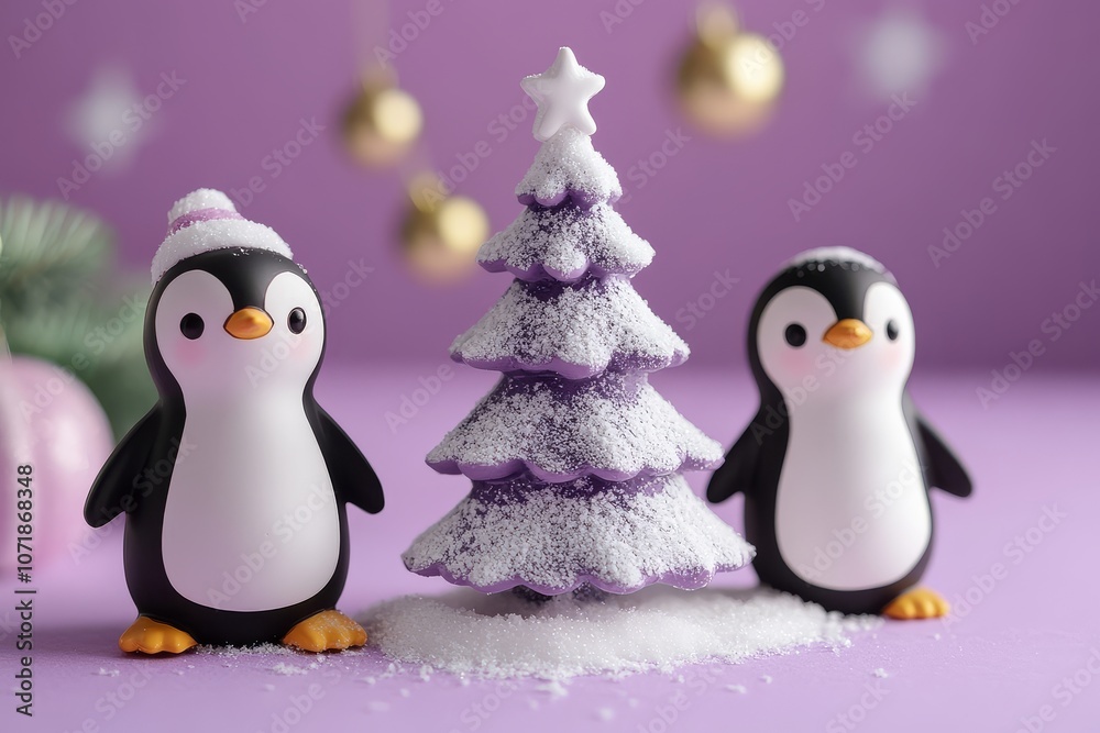 Fototapeta premium Penguin figurines in various poses with Christmas tree on purple background, minimalistic style, soft pastel colors, cute and happy mood, flat lay composition.