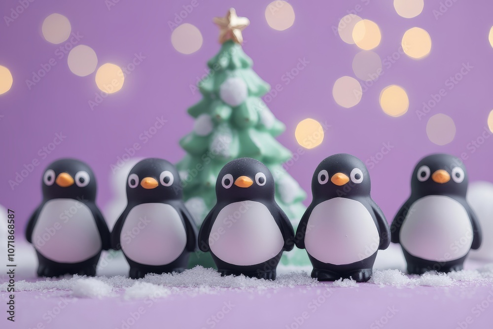 Fototapeta premium Penguin figurines in various poses with Christmas tree on purple background, minimalistic style, soft pastel colors, cute and happy mood, flat lay composition.