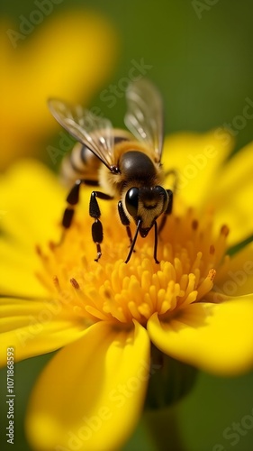 Bees collect pollen from a yellow flower.