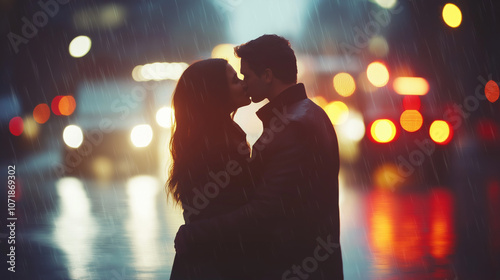 Romantic couple kissing in the rain during a night in the city, illuminated by colorful street lights, capturing a tender and intimate moment for Kiss Day celebration, highlighting love, passion