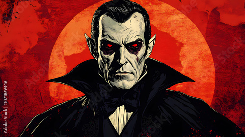 Illustrated Portrait of a Vampire with Red Eyes, Glowing in the Dark Against a Bloody Red Moon Background photo