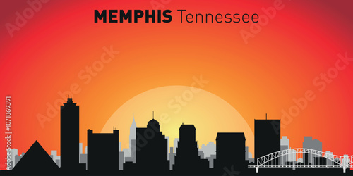 Memphis city skyline with silhouettes of buildings against the backdrop of a large yellow sun and orange sky. Vector on the background of sunset