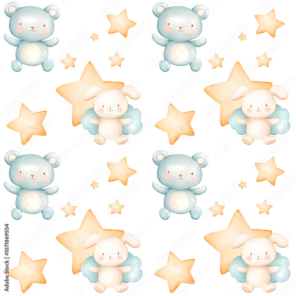 Fototapeta premium Adorable seamless pattern with light blue teddy bears, pastel golden stars, and cute winged bunnies on a white background. Perfect for baby decor, nursery themes, or children's fabrics.