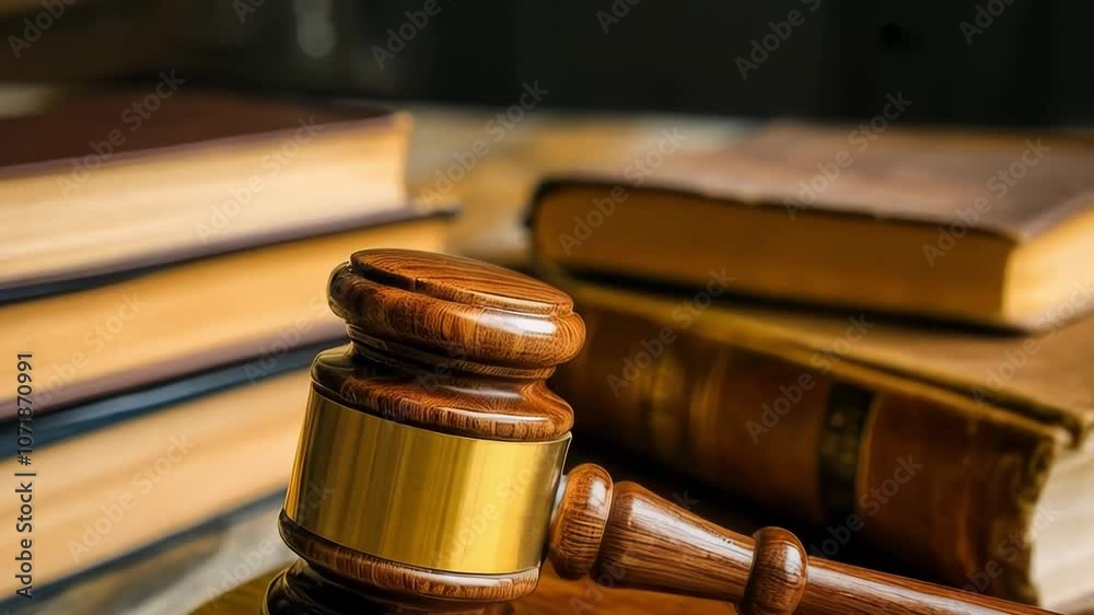 A wooden gavel resting on a sound block next to a stack of legal books on a wooden table A wooden gavel resting on a sound block next to a stack of legal books on a wooden table