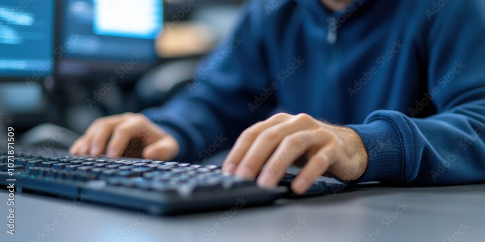 Close-up of hands typing on a keyboard in a modern workspace with computer screens. Close-up of hands typing on a keyboard in a modern workspace with computer screens.