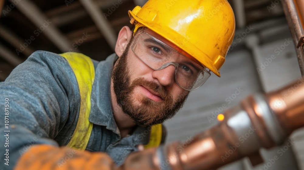 Focused and Determined Bearded Worker in Safety Helmet and Uniform Repairing Industrial Pipe and Equipment at Construction Site or Workshop Focused and Determined Bearded Worker in Safety Helmet and Uniform Repairing Industrial Pipe and Equipment at Construction Site or Workshop