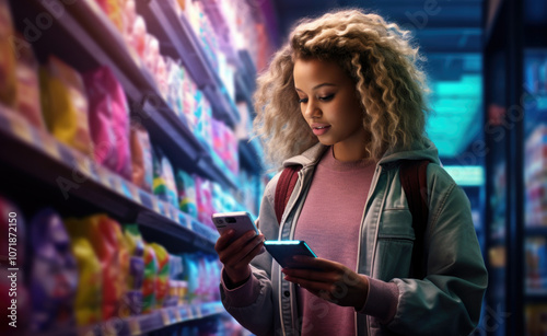 A young woman with curly hair shops in a brightly lit grocery aisle, looking at her smartphone with a focused expression. She holds a second item in her other hand, comparing options. photo