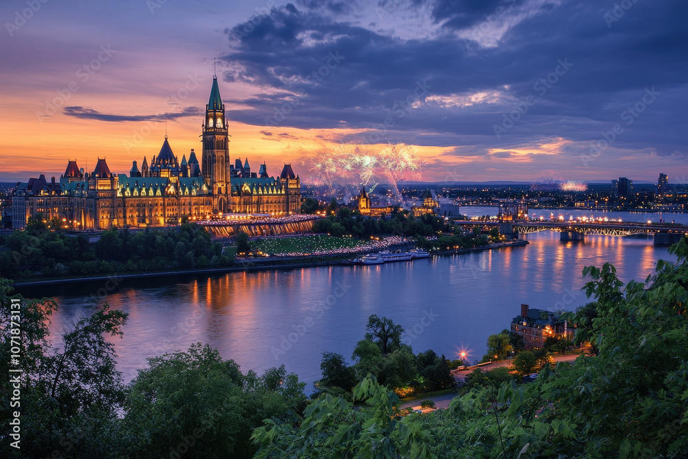 Fototapeta premium Nighttime View of Parliament with Fireworks Display
