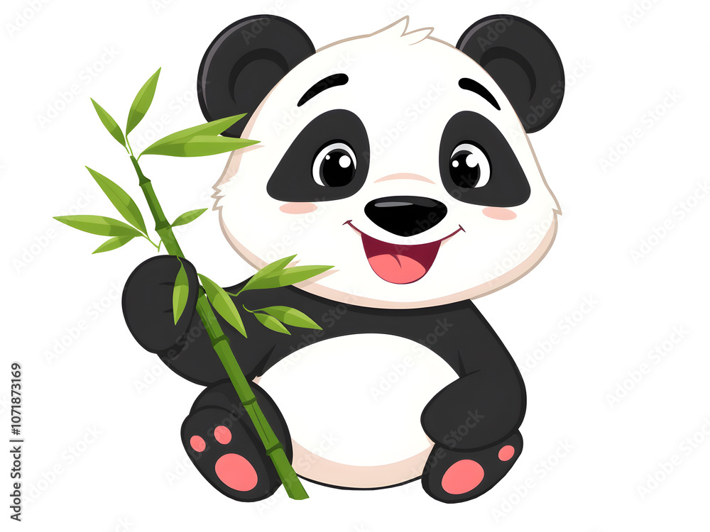 A cute baby panda holding a bamboo stick, smiling happily