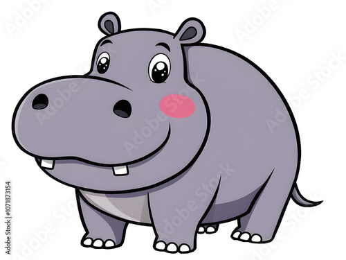 A cute, cartoon hippopotamus with big eyes and a friendly smile