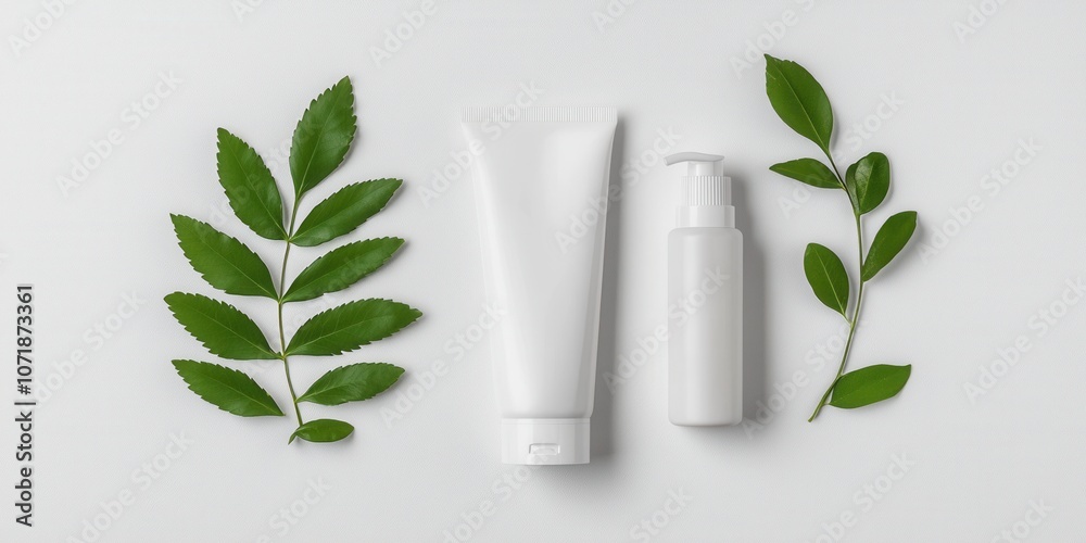 Natural skincare products with leaves on a light background for beauty and wellness. Natural skincare products with leaves on a light background for beauty and wellness.