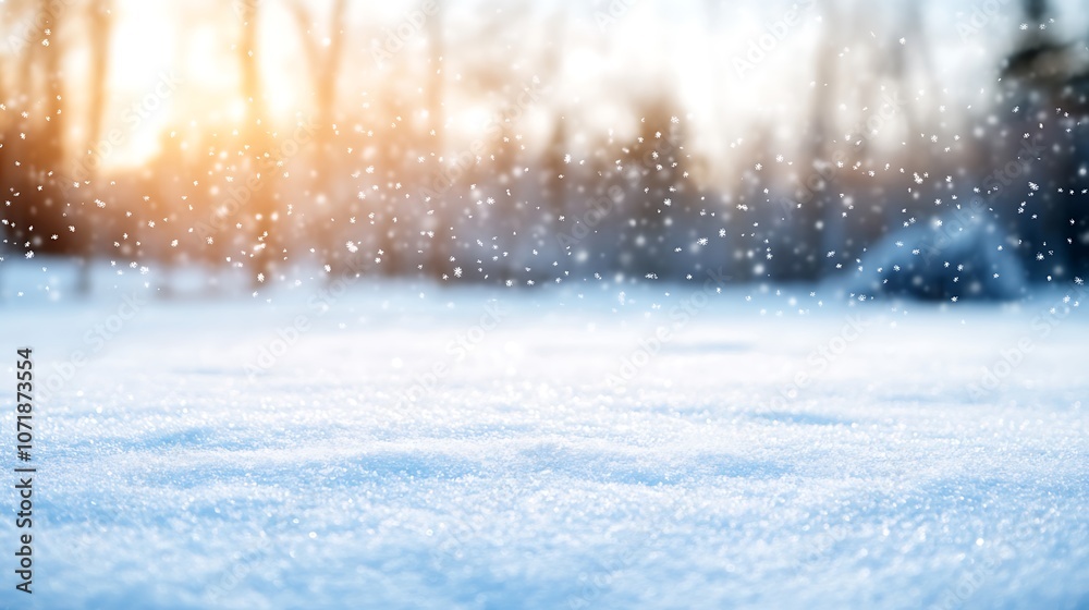 Close-up view of fresh snow on a winter day with a blurred background of trees and sunlight. Close-up view of fresh snow on a winter day with a blurred background of trees and sunlight.