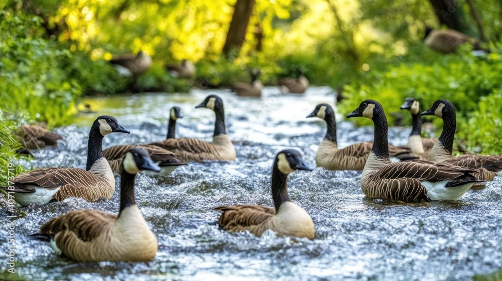 Canadian Geese Swimming in a Stream Canadian Geese Swimming in a Stream
