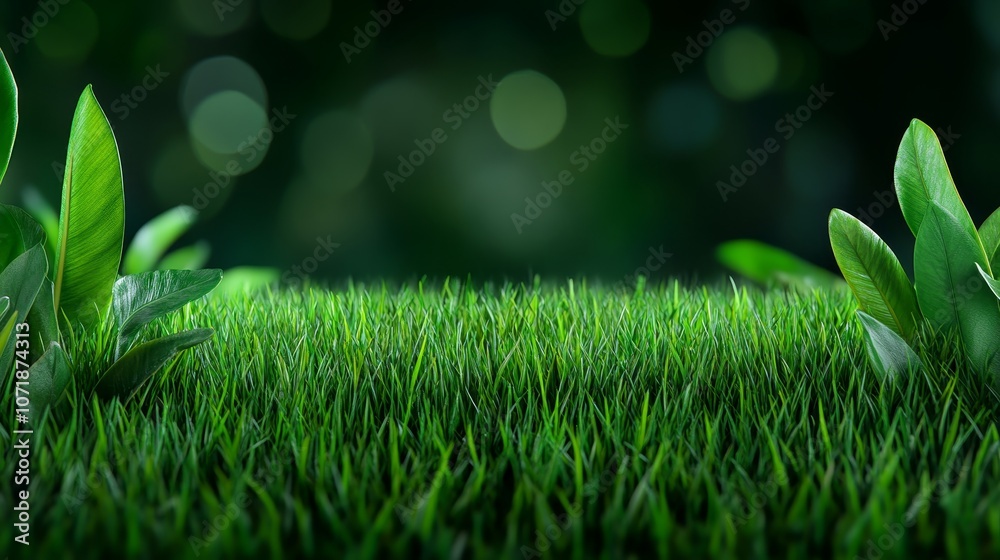 Fototapeta premium Lush Green Grass with Leaves and Bokeh Background Nature Texture