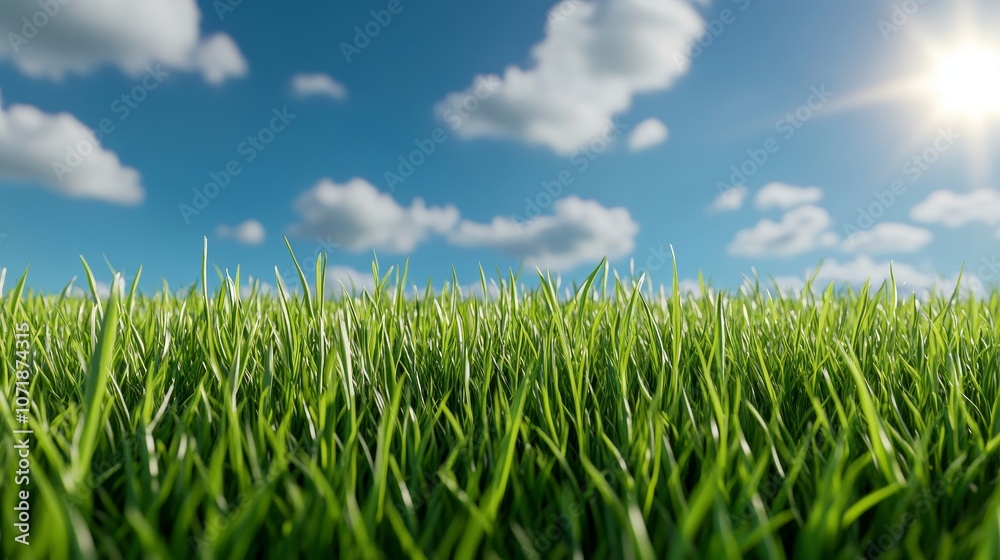 Obraz premium Lush Green Grass Field Under Blue Sky with White Clouds Nature Background