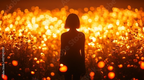 Silhouette of a woman standing in a field of glowing lights.