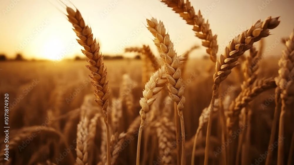 Obraz premium A serene golden grain field bathed in the warm glow of sunset, with tall ripe stalks swaying gently in the breeze, signaling the readiness for harvest and the beauty of rural agricultural life
