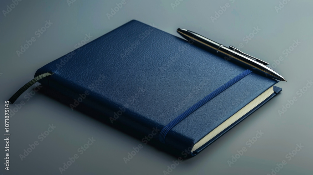 Dark Navy Notebook with Pen, Generative AI Illustration Dark Navy Notebook with Pen, Generative AI Illustration