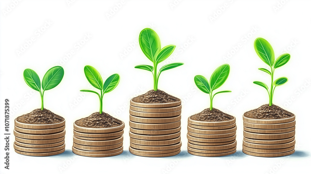 Nurture Your Investments Coins Turning into Growing Plants Growing plants from coins, symbolizing financial growth and sustainability. Nurture Your Investments Coins Turning into Growing Plants Growing plants from coins, symbolizing financial growth and sustainability.