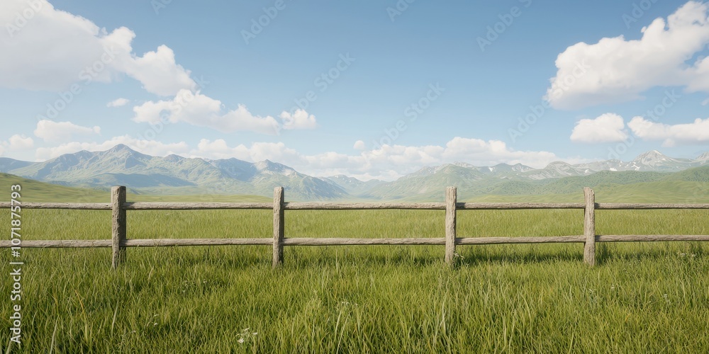 Fototapeta premium Wide open landscape with a wooden fence, bright green grass, and distant mountains.