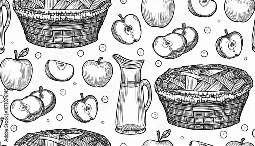 Seamless pattern with hand drawn apple jam jars and spices isolated on white. Vintage decorative background with glass mason or canning jars photo