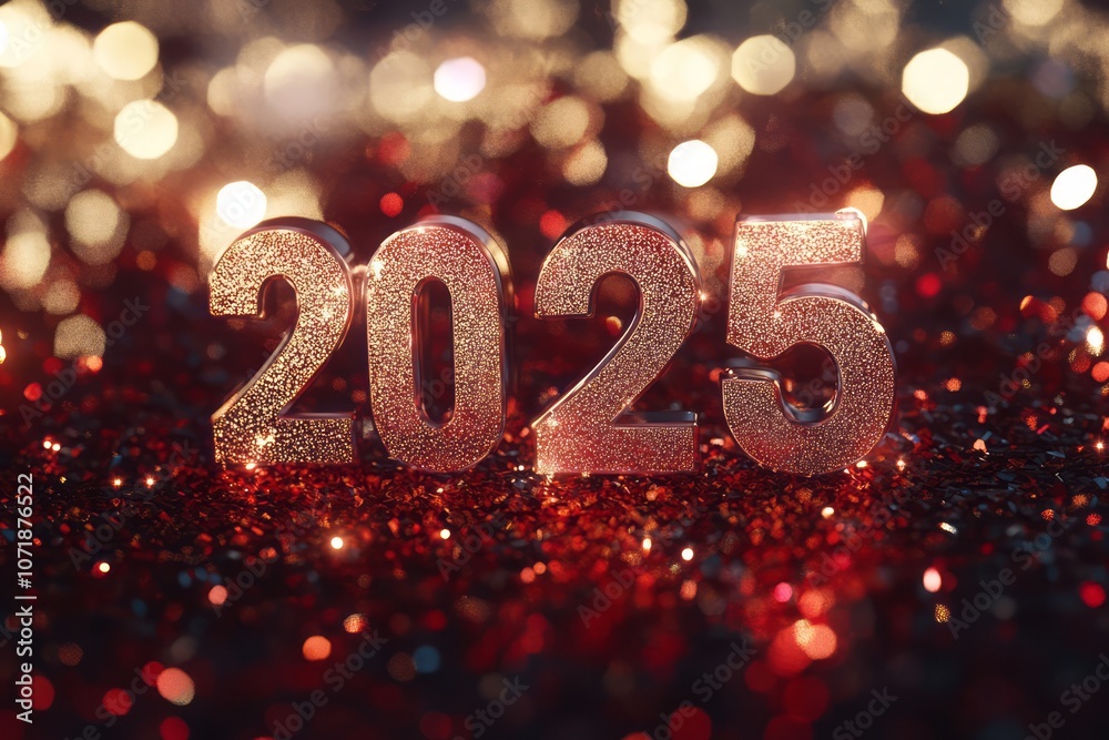 Golden 2025 on Red Glitter with Bokeh Lights Golden 2025 on Red Glitter with Bokeh Lights