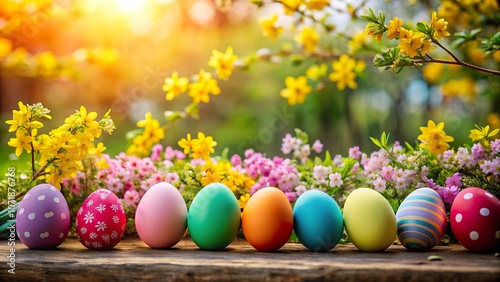 Colorful easter eggs arranged elegantly against a vibrant flower backdrop in a tranquil garden during springtime