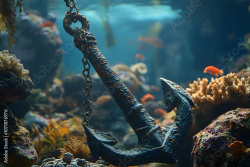  Rusted anchor submerged in a vibrant coral reef, surrounded by colorful marine life, ideal for oceanic exploration, diving history, and underwater photography themes photo