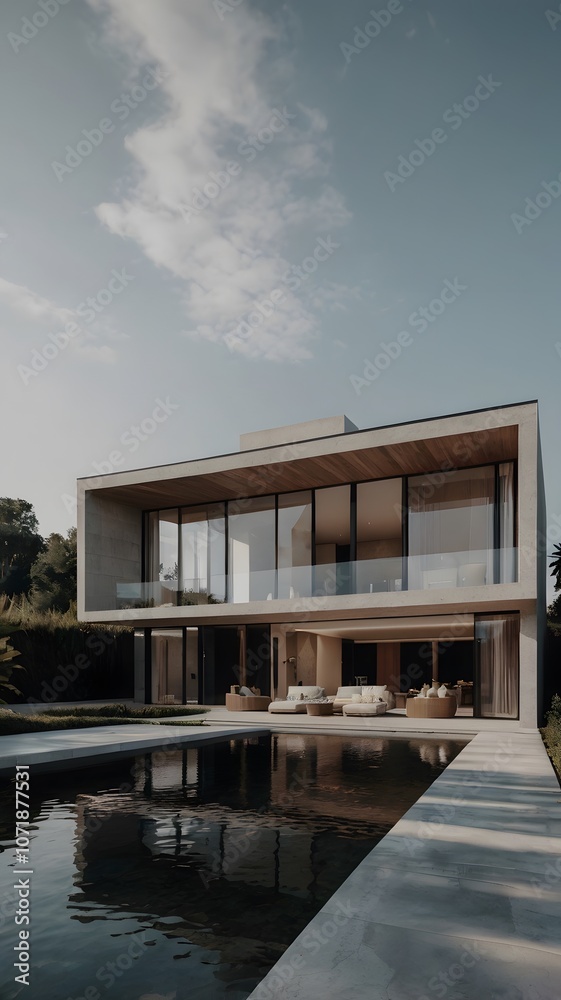 Modern Luxury Villa with Glass Facade Overlooking a Tranquil Pool at Dusk . Modern Luxury Villa with Glass Facade Overlooking a Tranquil Pool at Dusk .
