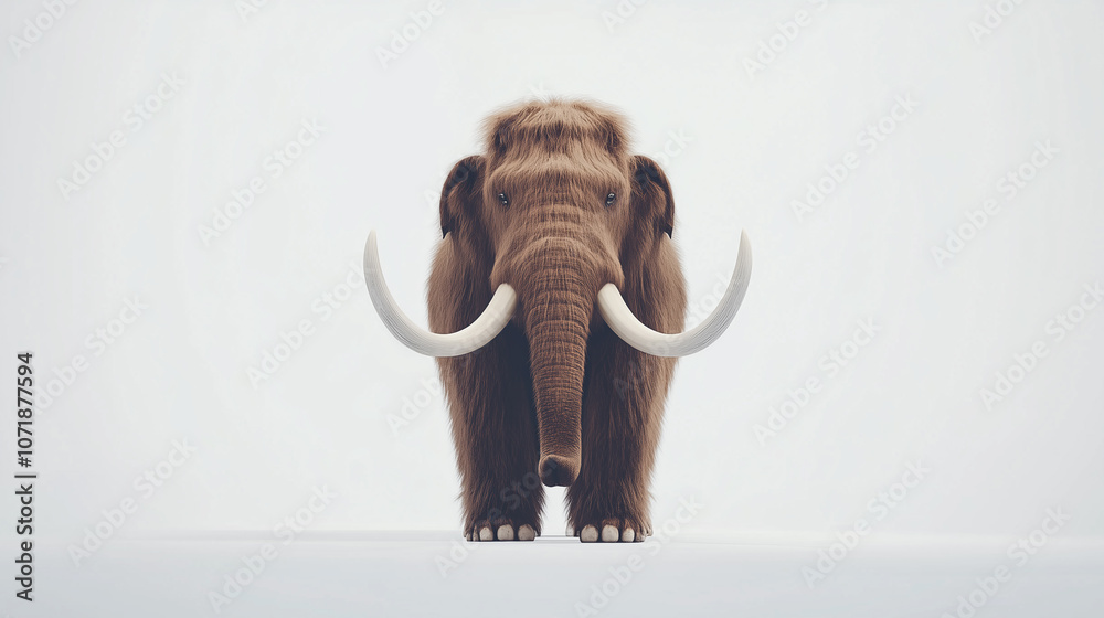 Obraz premium Cute cartoon woolly mammoth with large tusks, standing on a white background. Simple, playful illustration with a friendly expression.