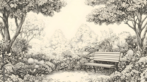 Unfinished Garden Sketch With Wooden Bench Amidst Flourishing Flora and Trees photo