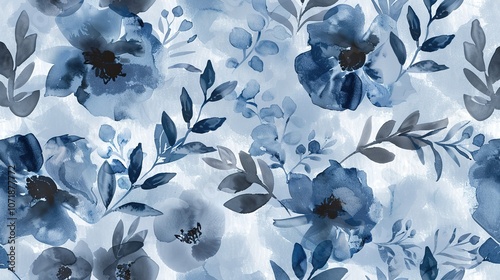 Wallpaper Mural Elegant Blue Watercolor Background with Plants and Flowers - a serene and artistic visual. The blue watercolor design evokes a calm and natural scene Torontodigital.ca