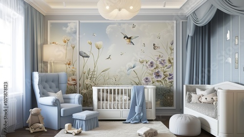 AI generated image. A decorative, colorful baby room with a modern pattern and special wall decor