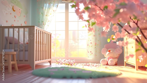 AI generated image. A decorative, colorful baby room with a modern pattern and special wall decor