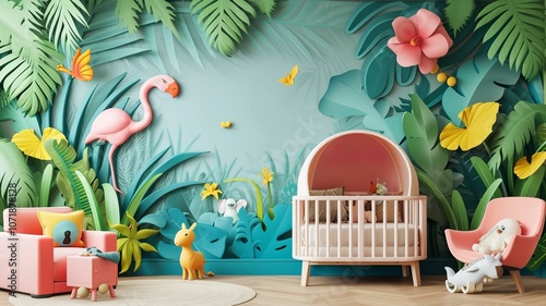 AI generated image. A decorative, colorful baby room with a modern pattern and special wall decor