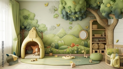 AI generated image. A decorative, colorful baby room with a modern pattern and special wall decor