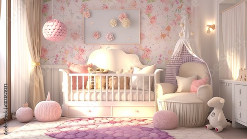 AI generated image. A decorative, colorful baby room with a modern pattern and special wall decor