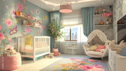 AI generated image. A decorative, colorful baby room with a modern pattern and special wall decor