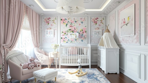 AI generated image. A decorative, colorful baby room with a modern pattern and special wall decor