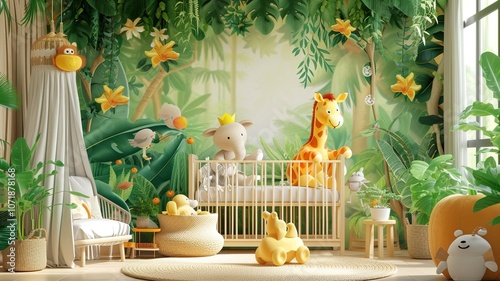 AI generated image. A decorative, colorful baby room with a modern pattern and special wall decor
