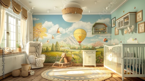 AI generated image. A decorative, colorful baby room with a modern pattern and special wall decor