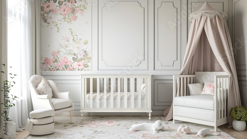 AI generated image. A decorative, colorful baby room with a modern pattern and special wall decor